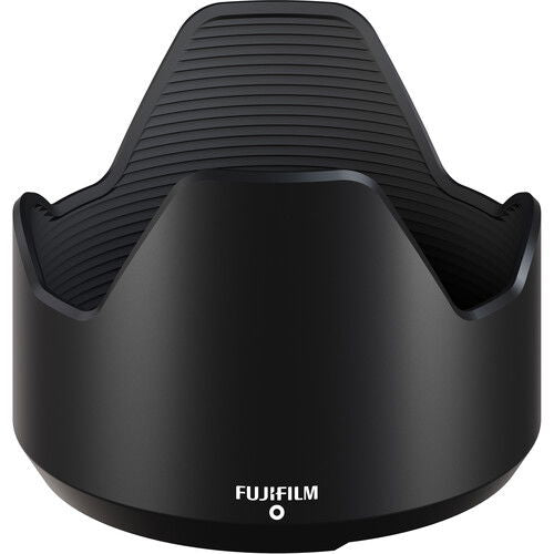Matte black lens hood with ridged grip and branding text on the front