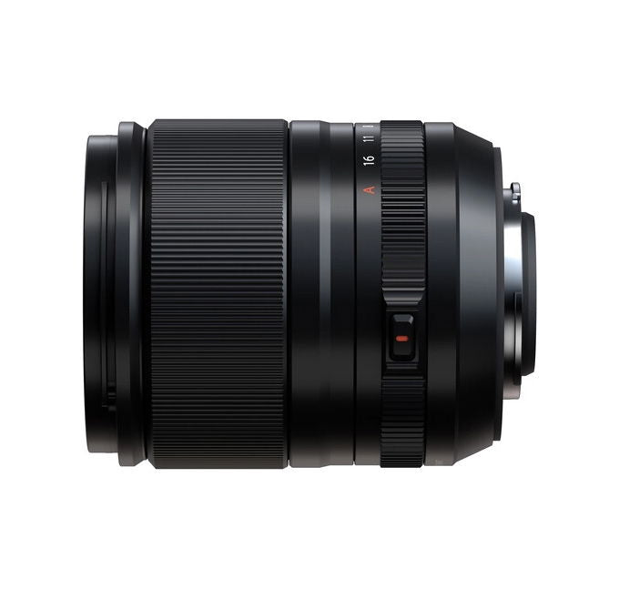 Side view of black 23mm f/1.4 lens with textured grip and focus markings