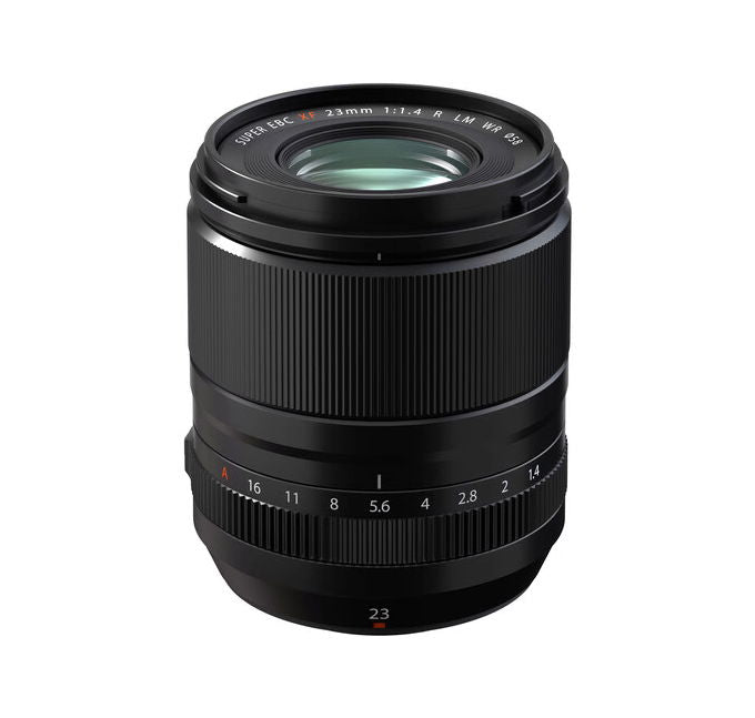 Black 23mm f/1.4 lens, front glass and ridged focus ring visible