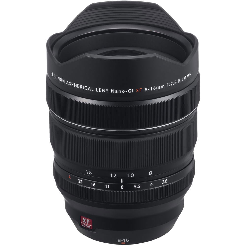 Black XF 8-16mm F2.8 R LM WR lens with front glass area and engraved focal markings