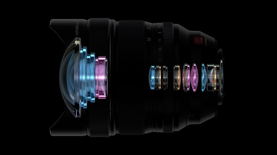 XF 8-16mm F2.8 R LM WR lens side cutaway showing internal optical elements