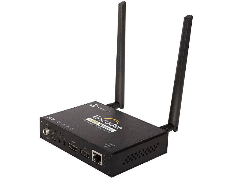 Wireless video encoder with two vertical antennas and front HDMI/IP connection ports