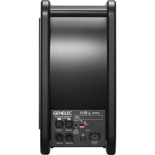 Back view of black active subwoofer with handle stands and connection panel