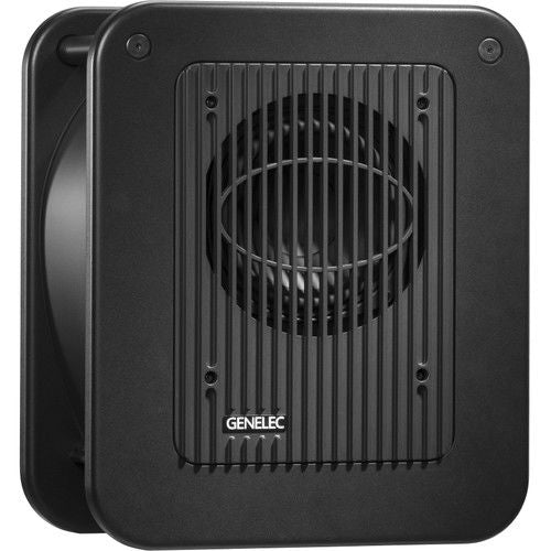 Black active studio subwoofer with front metal grille and central speaker cone