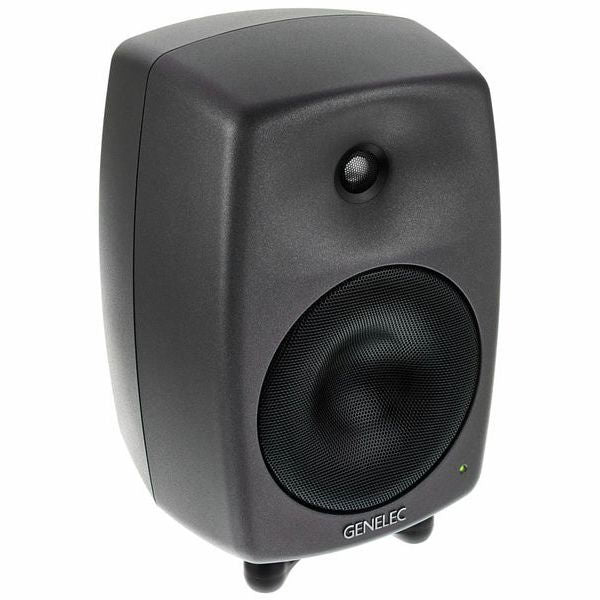 Active studio monitor speaker, angled front view with tweeter, dark gray cabinet