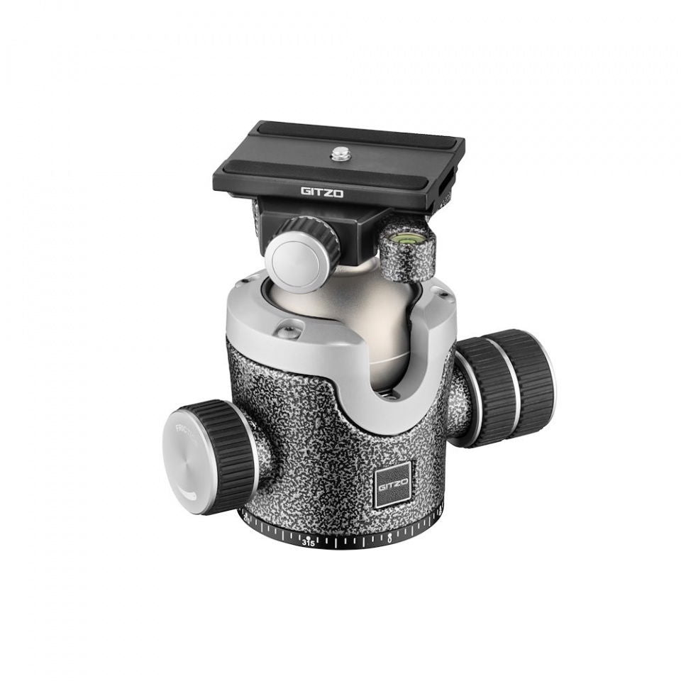 Metal camera ball head with side leveling knobs and black quick-release top