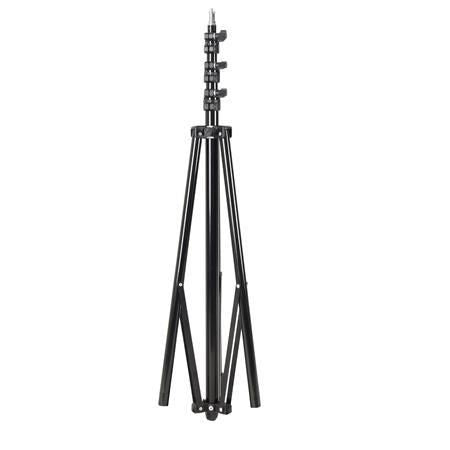 Tall black tripod light stand with multi-position height sections and wide base legs