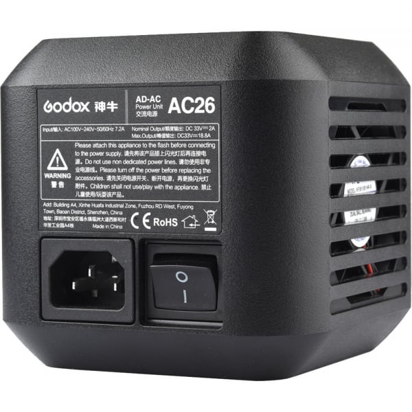 Godox AC26 power unit with AC input socket and power switch, side view