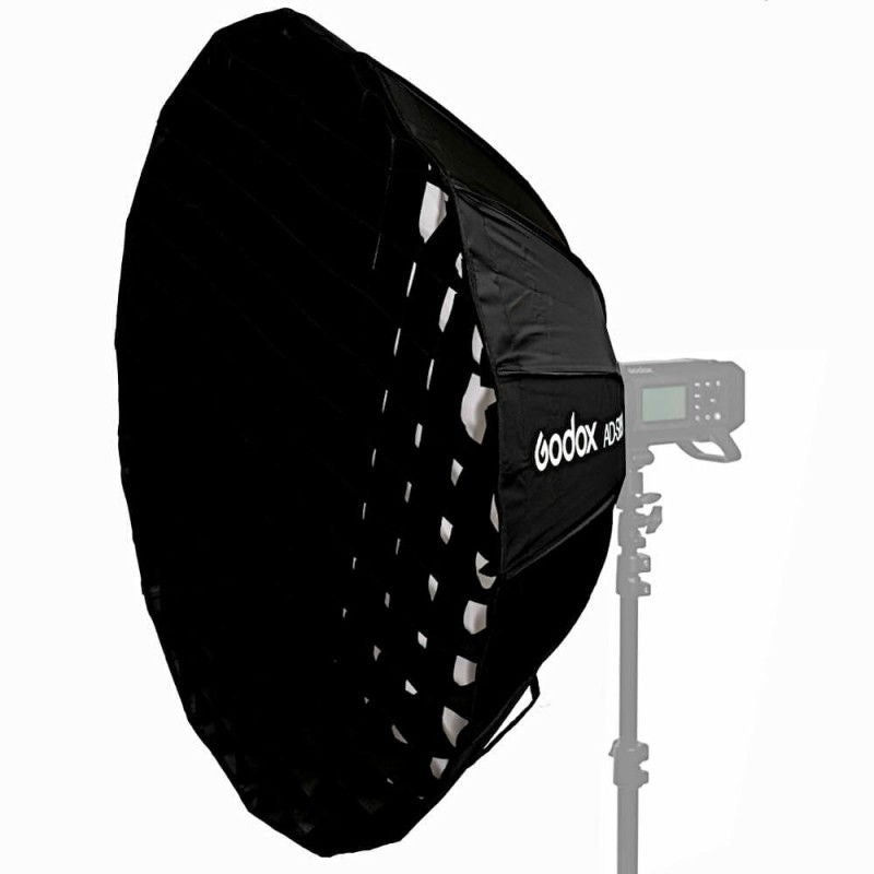 65cm parabolic softbox with black exterior and perforated inner baffle panels