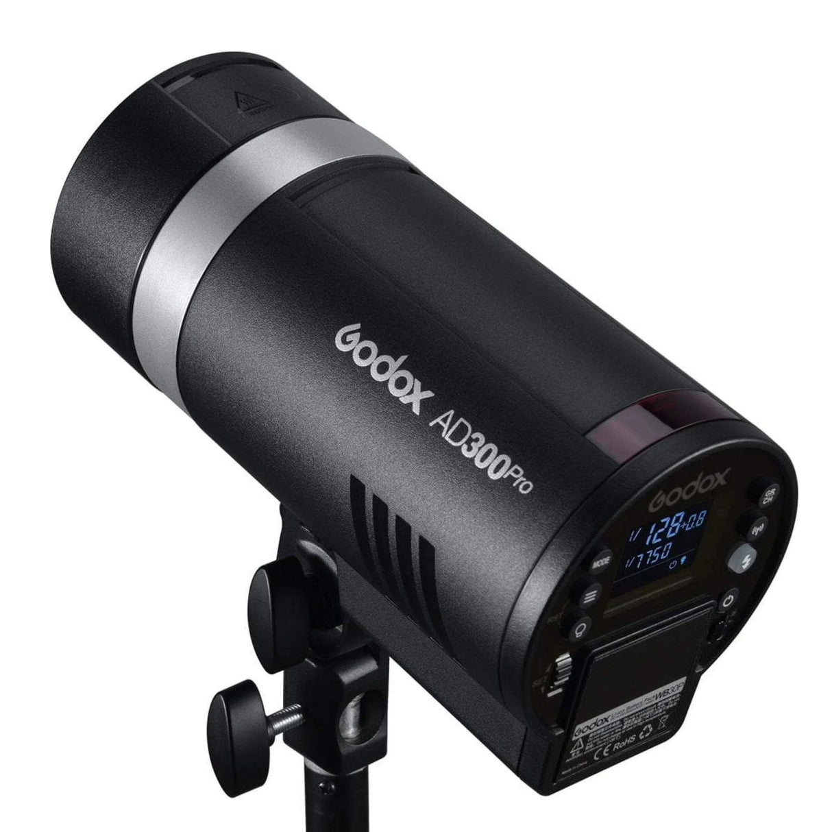 AD300Pro flash head with vented side, silver ring, side view of body