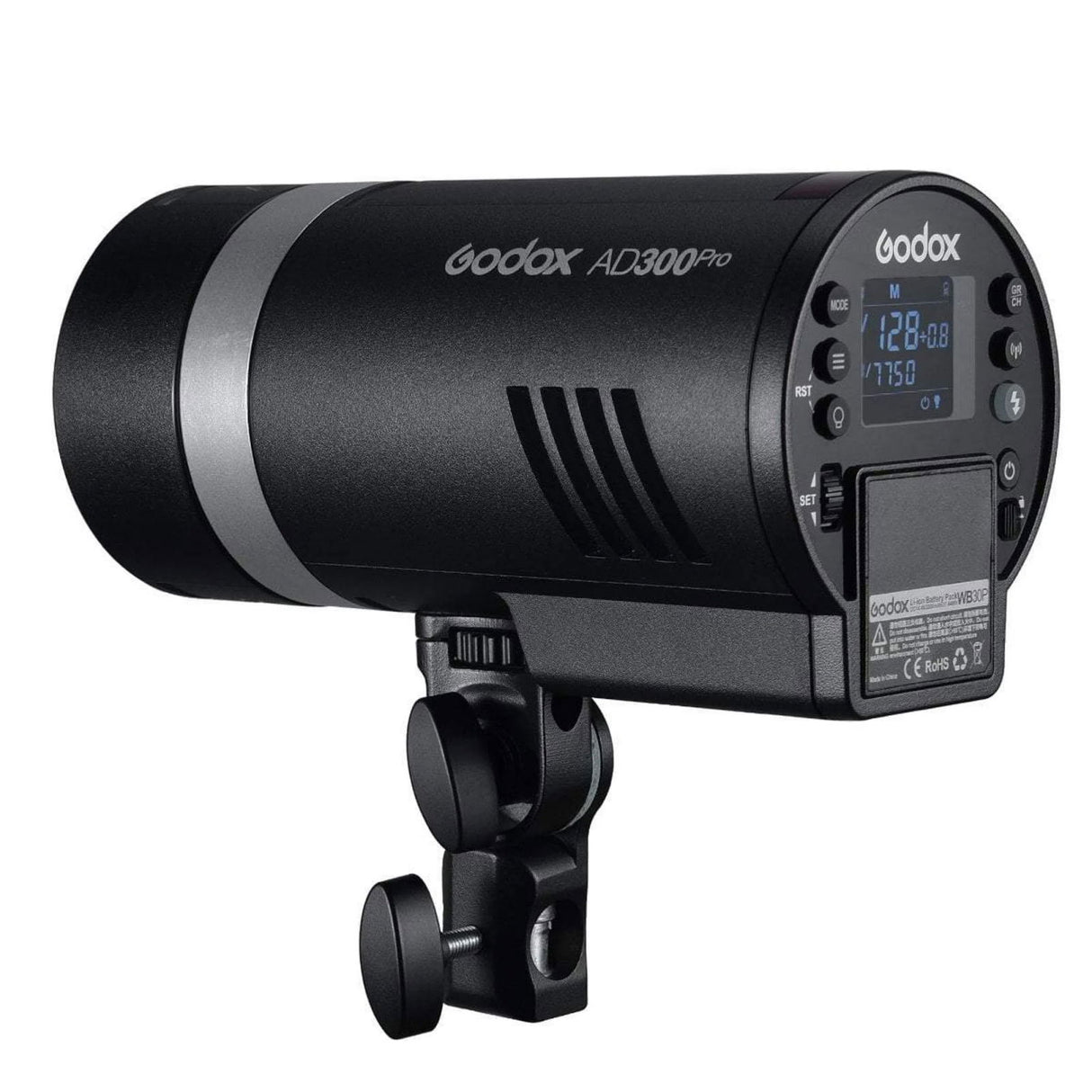 AD300Pro flash rear with LCD, control buttons, and battery pack label visible