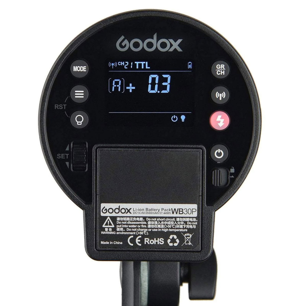 AD300Pro flash rear panel with LCD screen, buttons, and control indicators