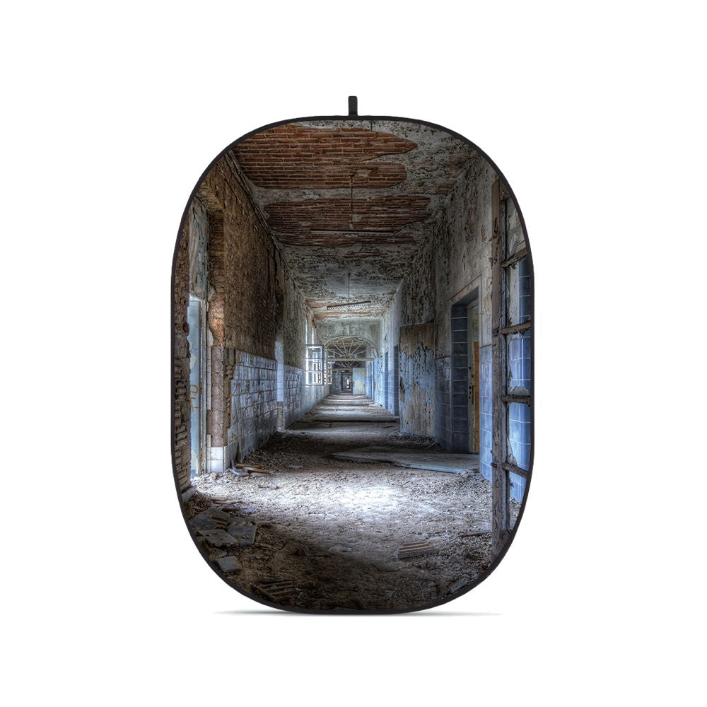 Foldable oval photo backdrop with worn hallway print, arched edges