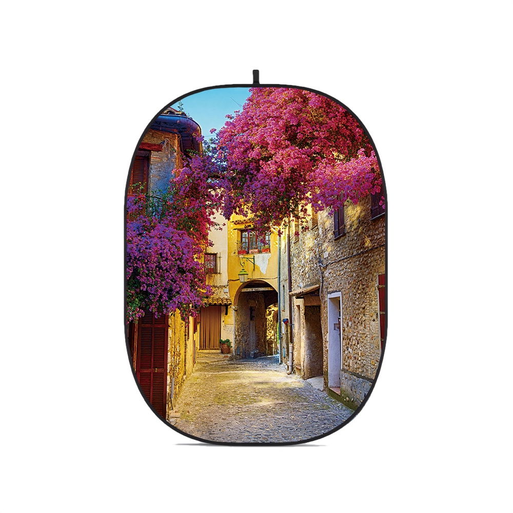 Foldable oval photo backdrop with colorful alley and purple flowering trees print
