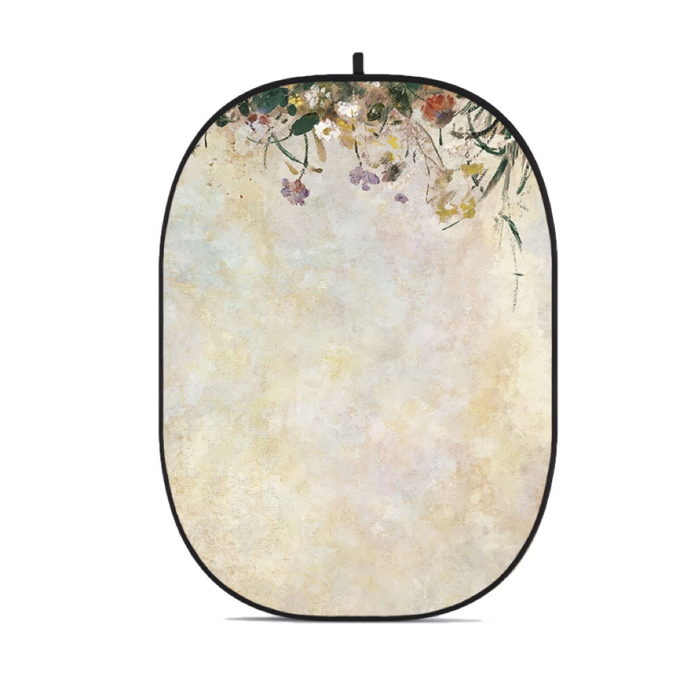 Pânză de fundal pliabilă rotundă, model floral, tonuri bej-crem