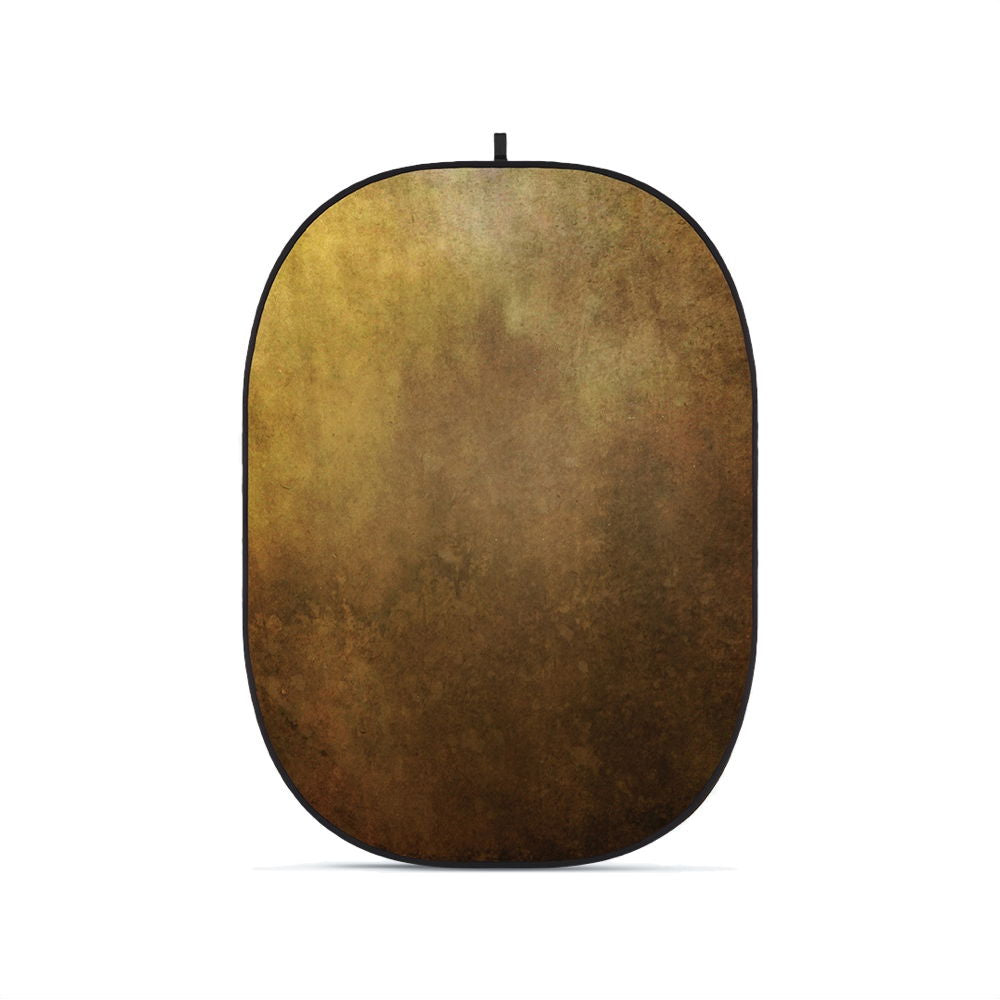 Portable oval fabric photography backdrop, brown textured surface with hanging loop