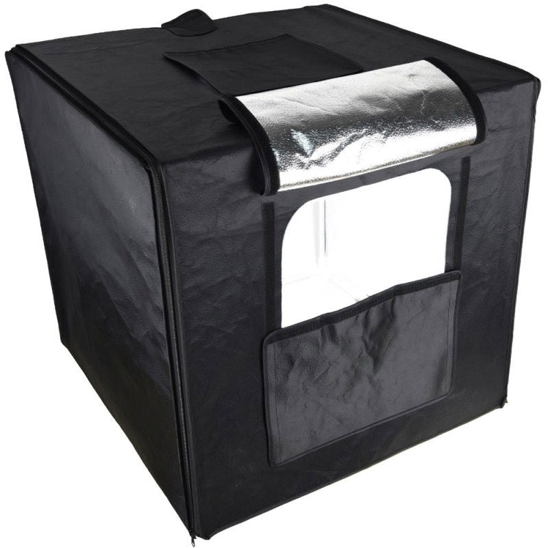 Black 80x80cm LED light softbox with side window and reflective silver interior