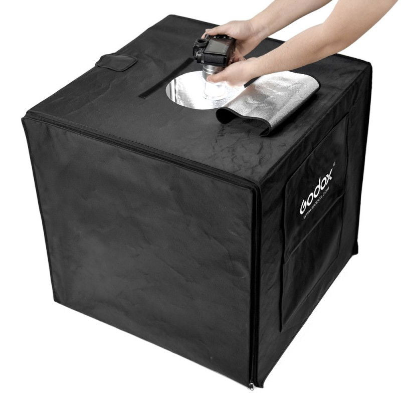 Black 80x80cm LED light softbox with top opening and mounted LED light unit