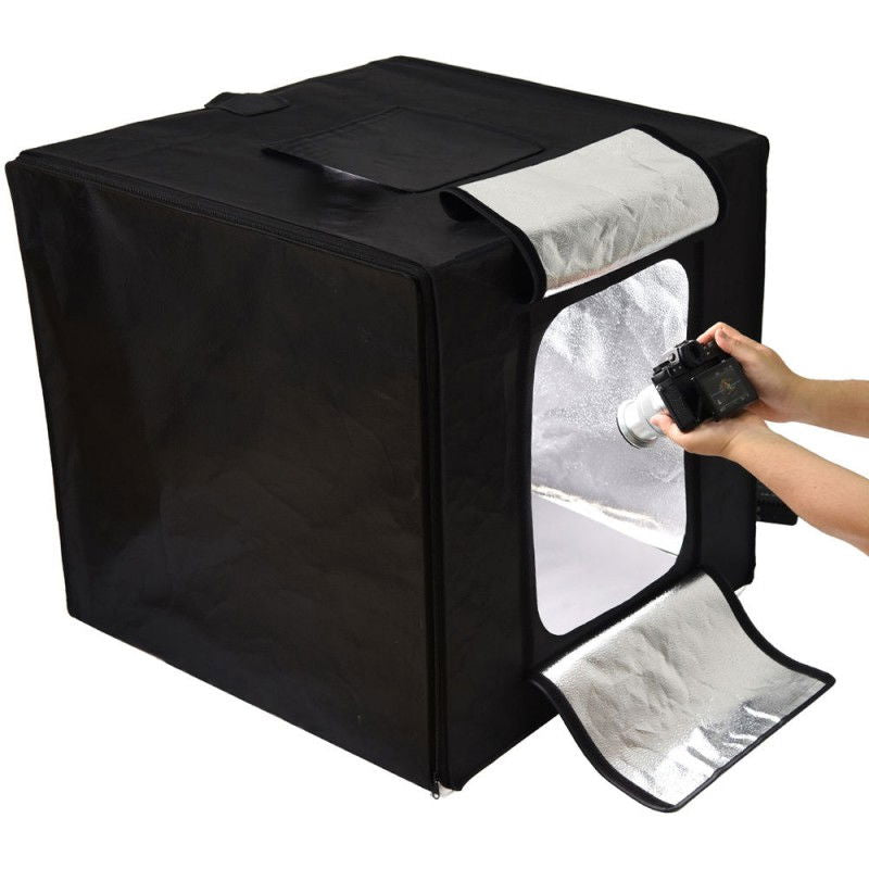 80x80cm softbox tent with two LED strip lights, front opening and reflective panels