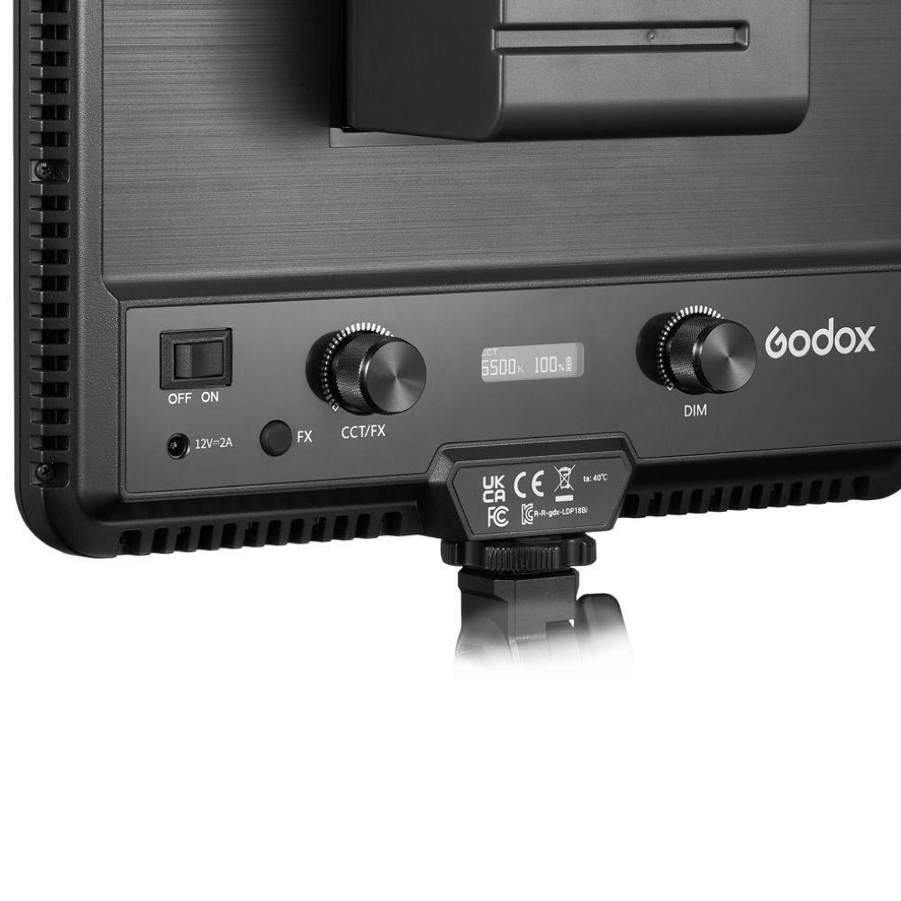 Rear control panel of LED streaming light with knobs and ports