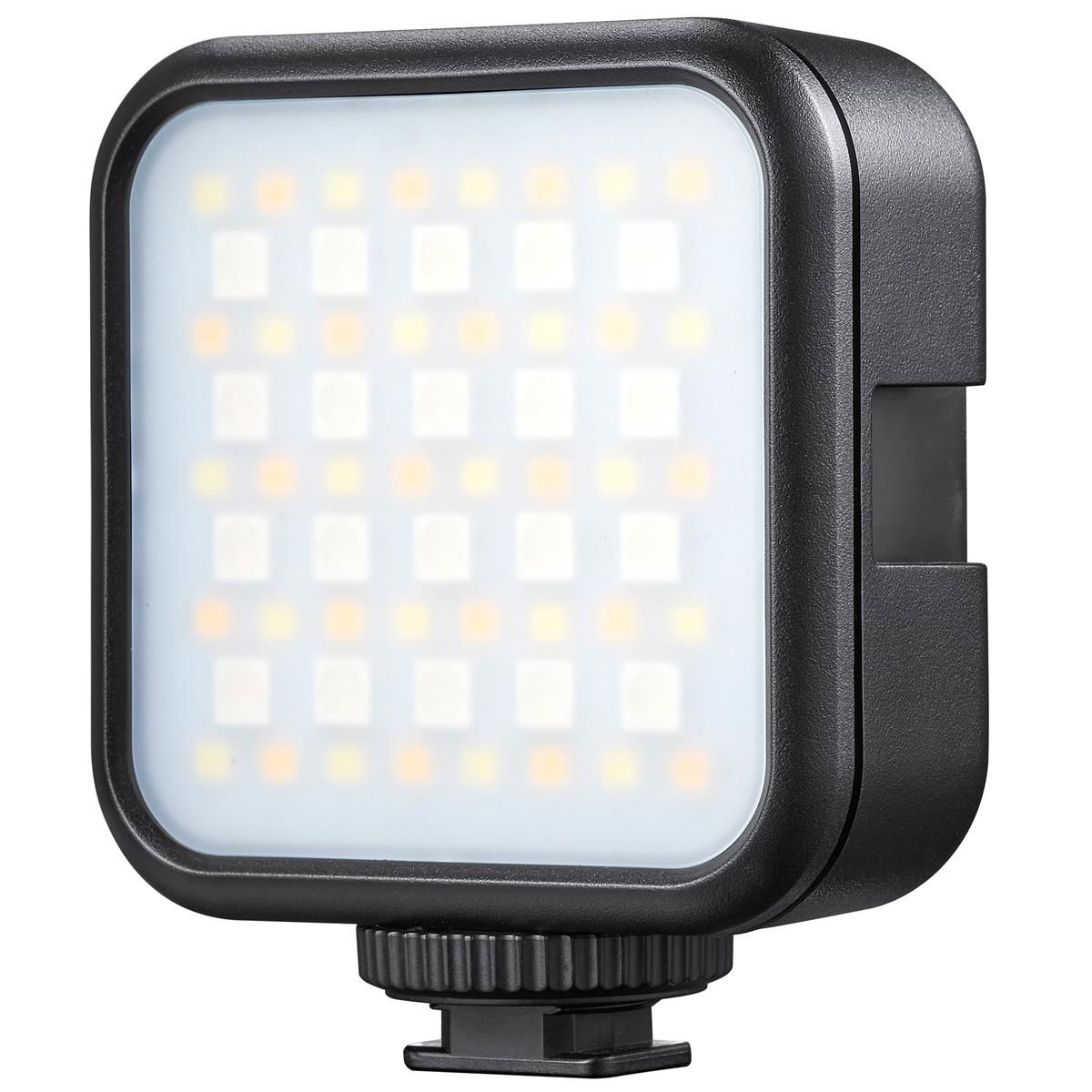 Square LED light front with glowing white diffuser and visible LED diode grid