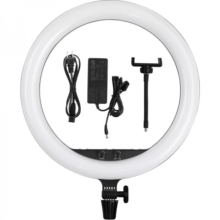 LED ring light kit with power adapter cable and mounting handle on stand