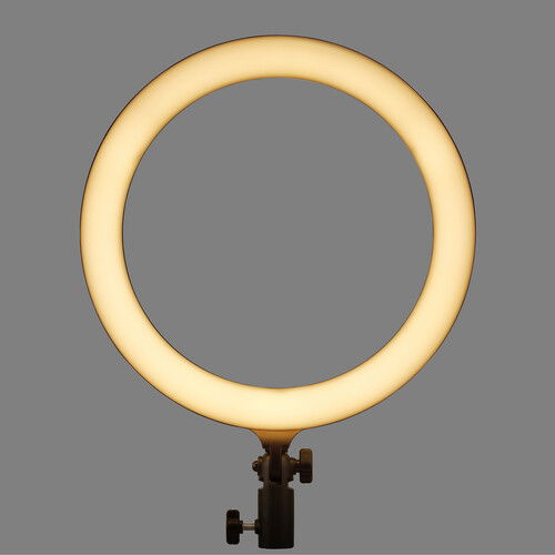 Lampa LED circulară cu inel galben cald, pe suport