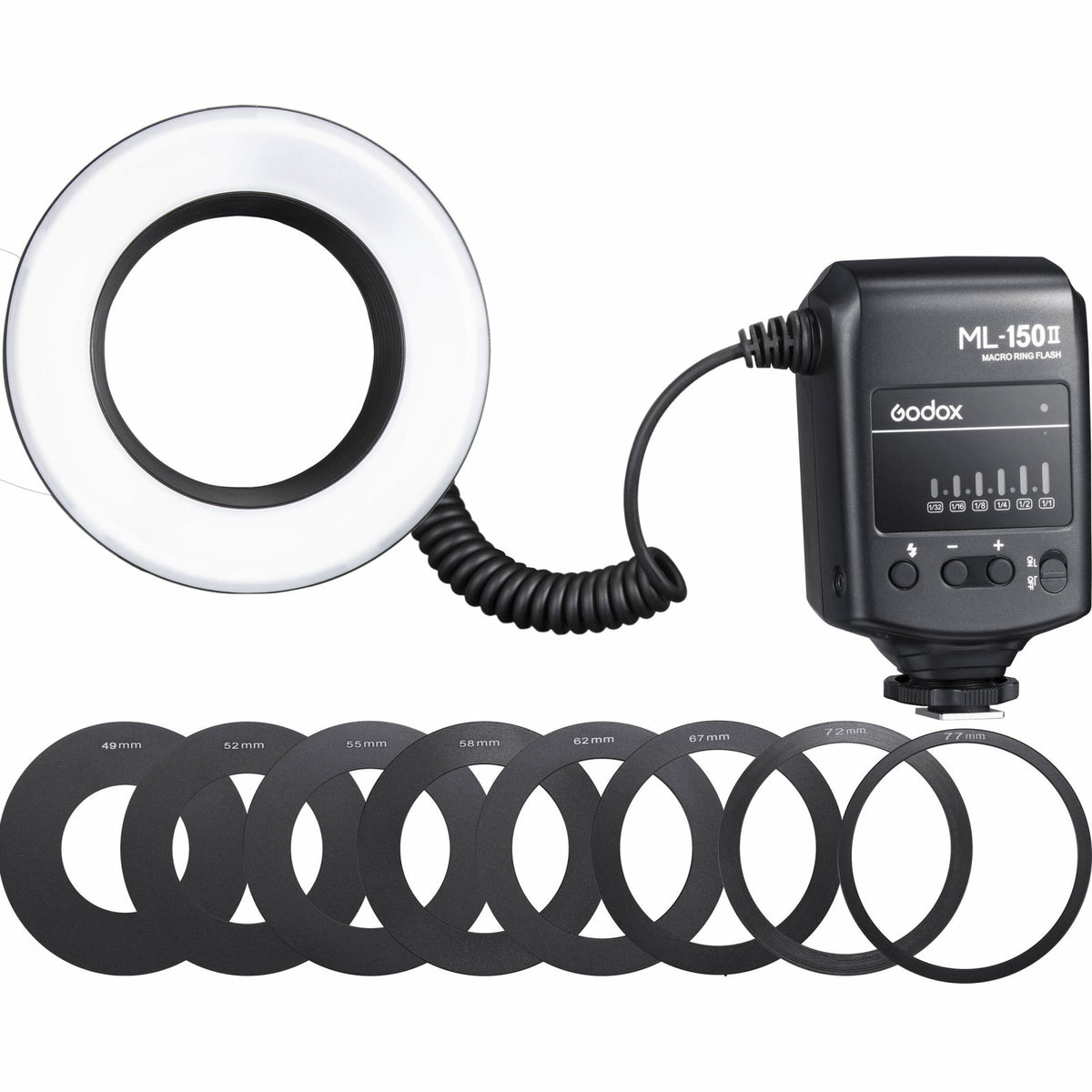 Godox ML-150 II macro ring flash with circular white LED light and coiled cable