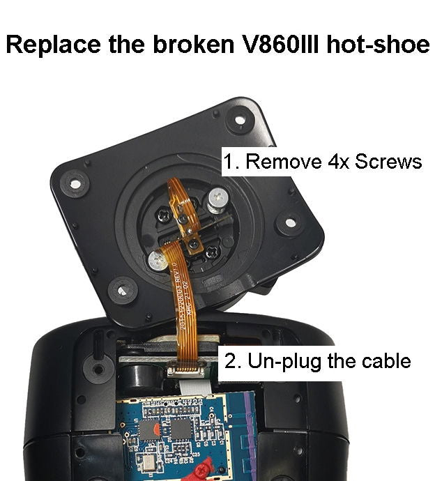 Disassembled hot-shoe with ribbon cable and circuit board inside