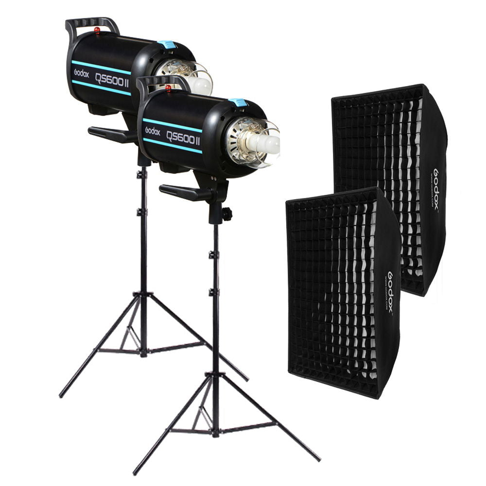 Studio flash kit with two black QS600II heads, built-in reflector, and two softbox grids