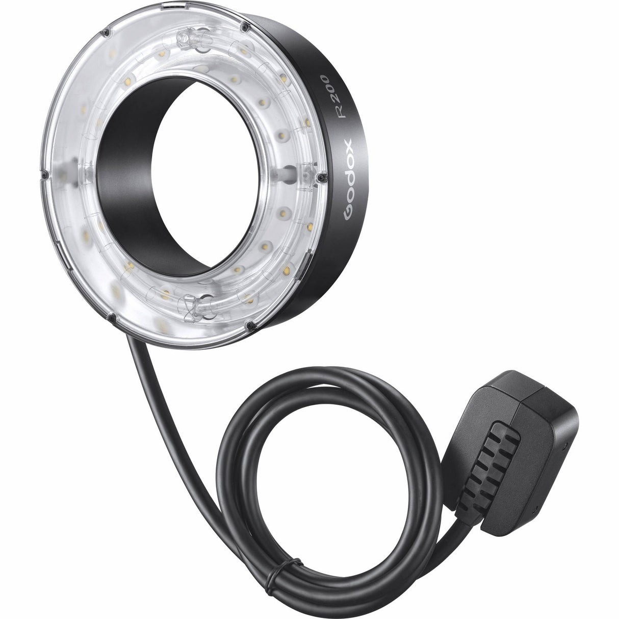 R200 ring flash head with LED ring and power cable, black and silver metal housing