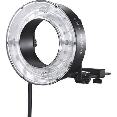 Ring flash with circular LED array and mounting bracket, LED ring facing forward