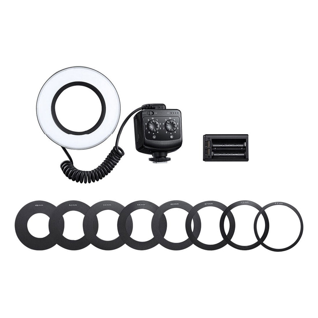 Ring LED macro light kit with controller, mount, coiled cord, and size filter rings