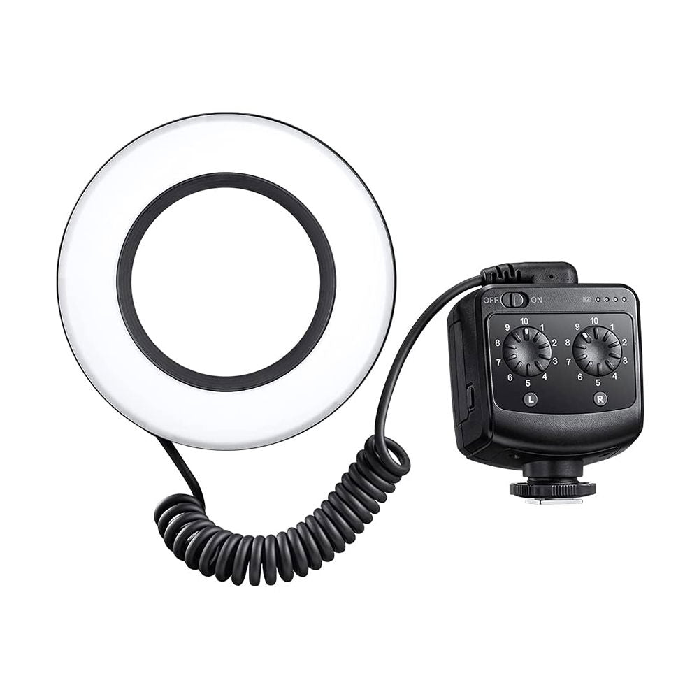 Ring LED macro light with control unit dials and coiled cable, white front ring