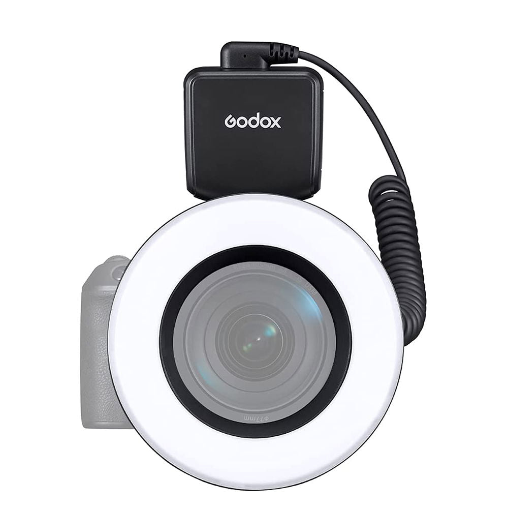 Macro ring LED light with camera mount, control box, and coiled power cable