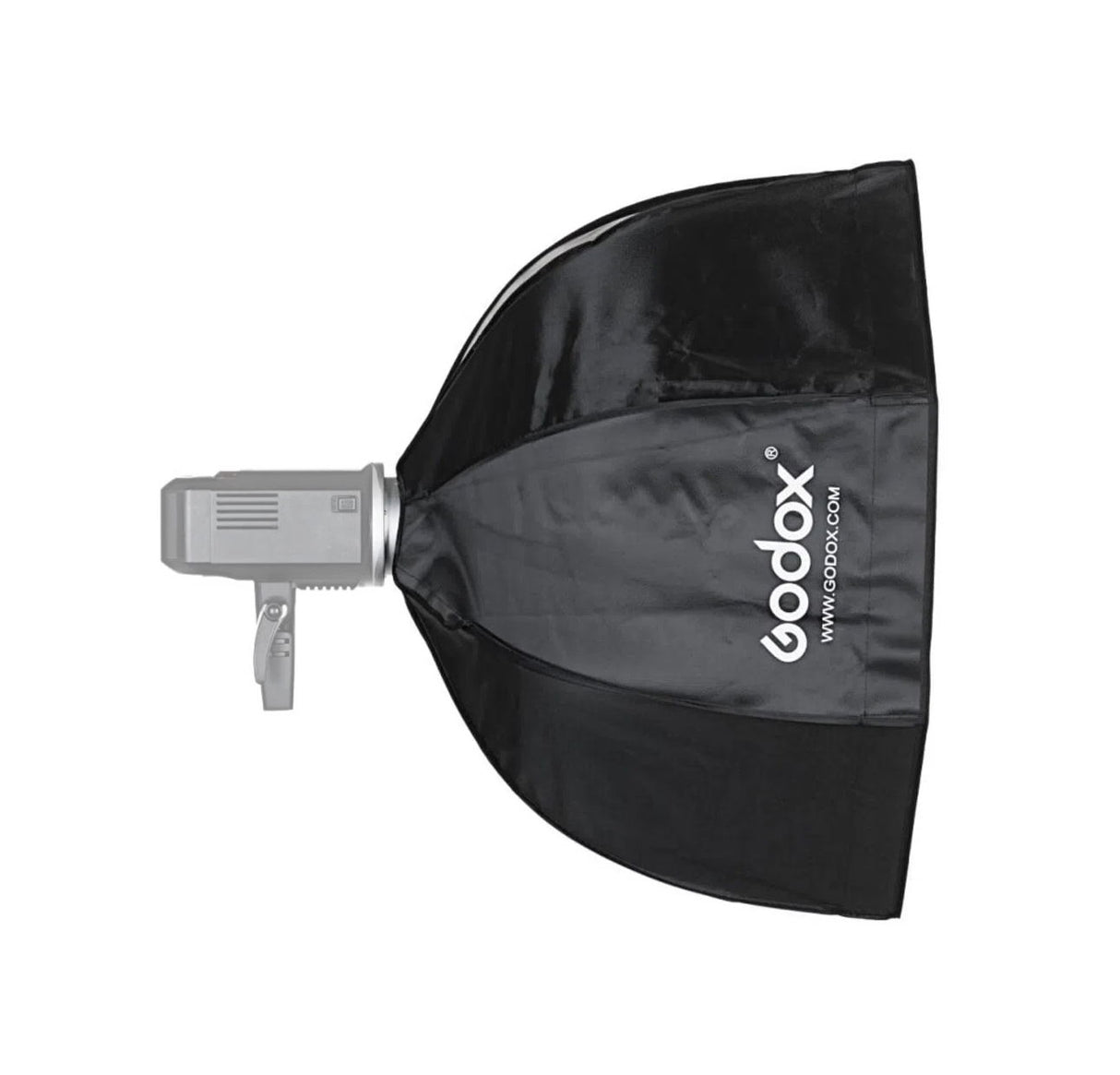 80cm octagonal softbox mounted on strobe, black exterior with silver inner surface