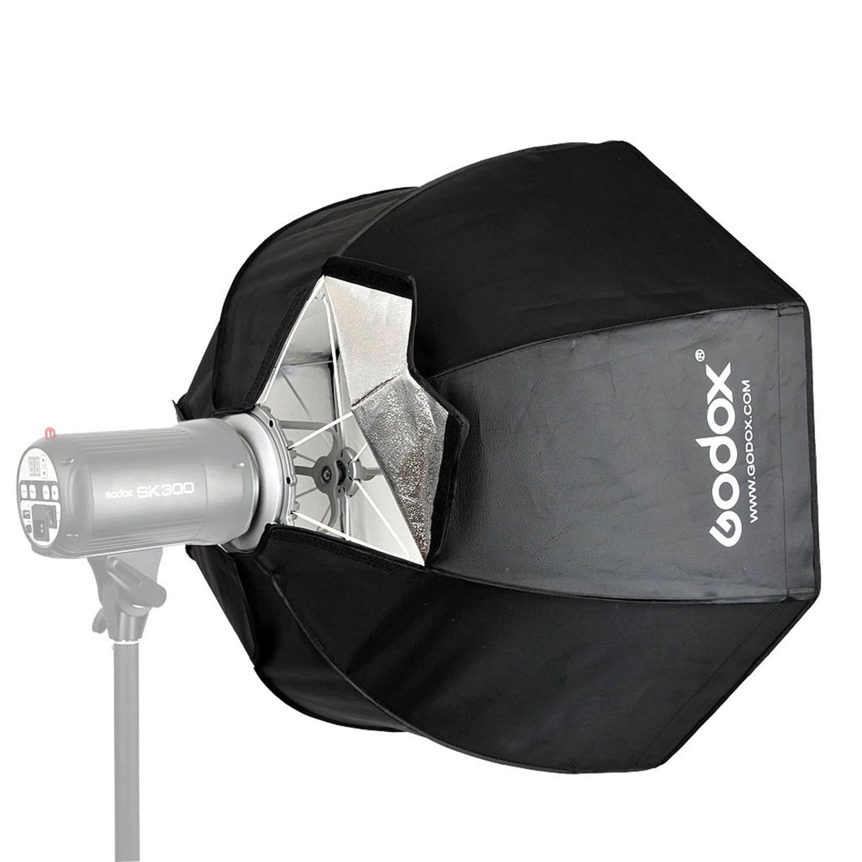 80cm octagonal softbox attached to studio strobe, black fabric with silver interior