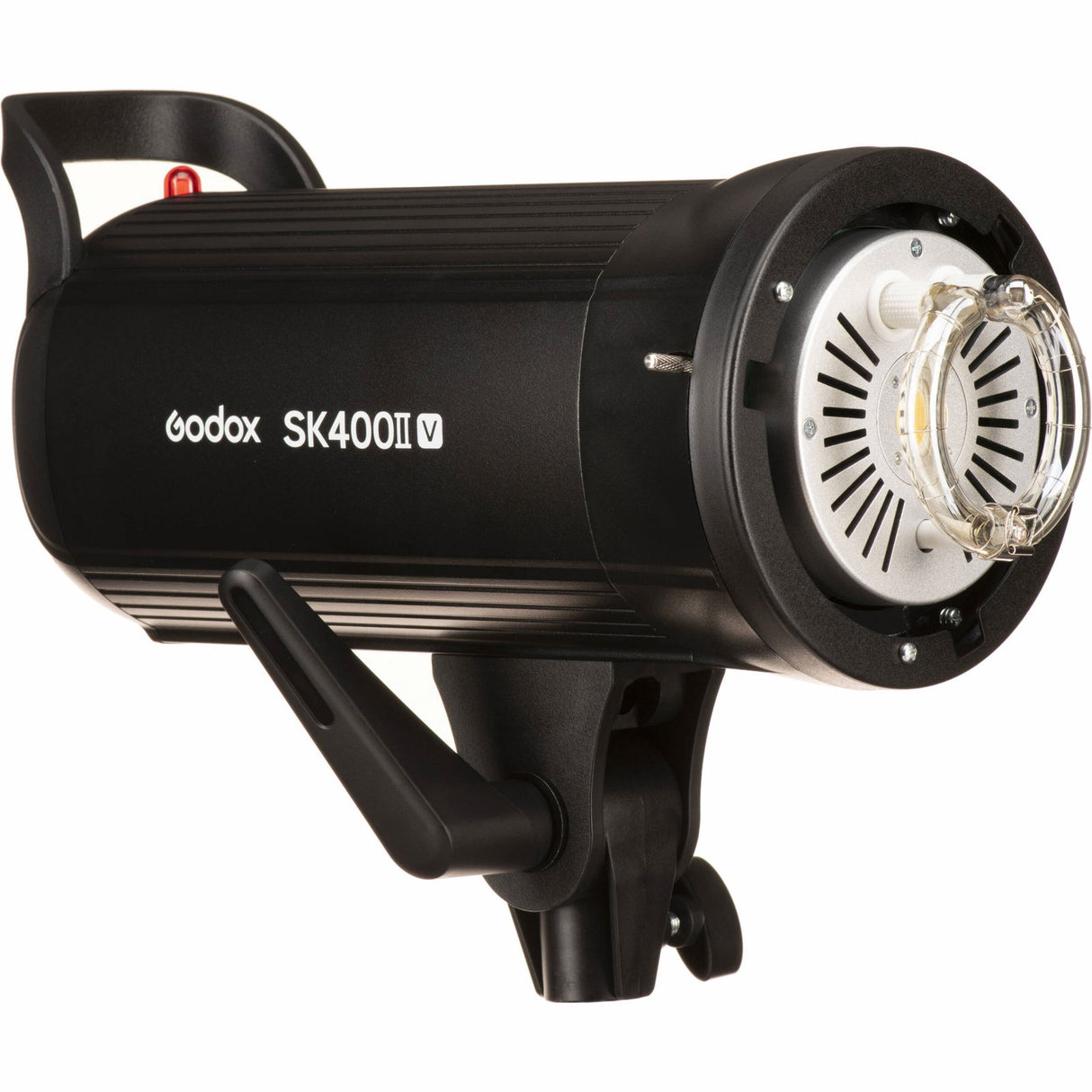 Black studio flash head with front lamp and side grip handle