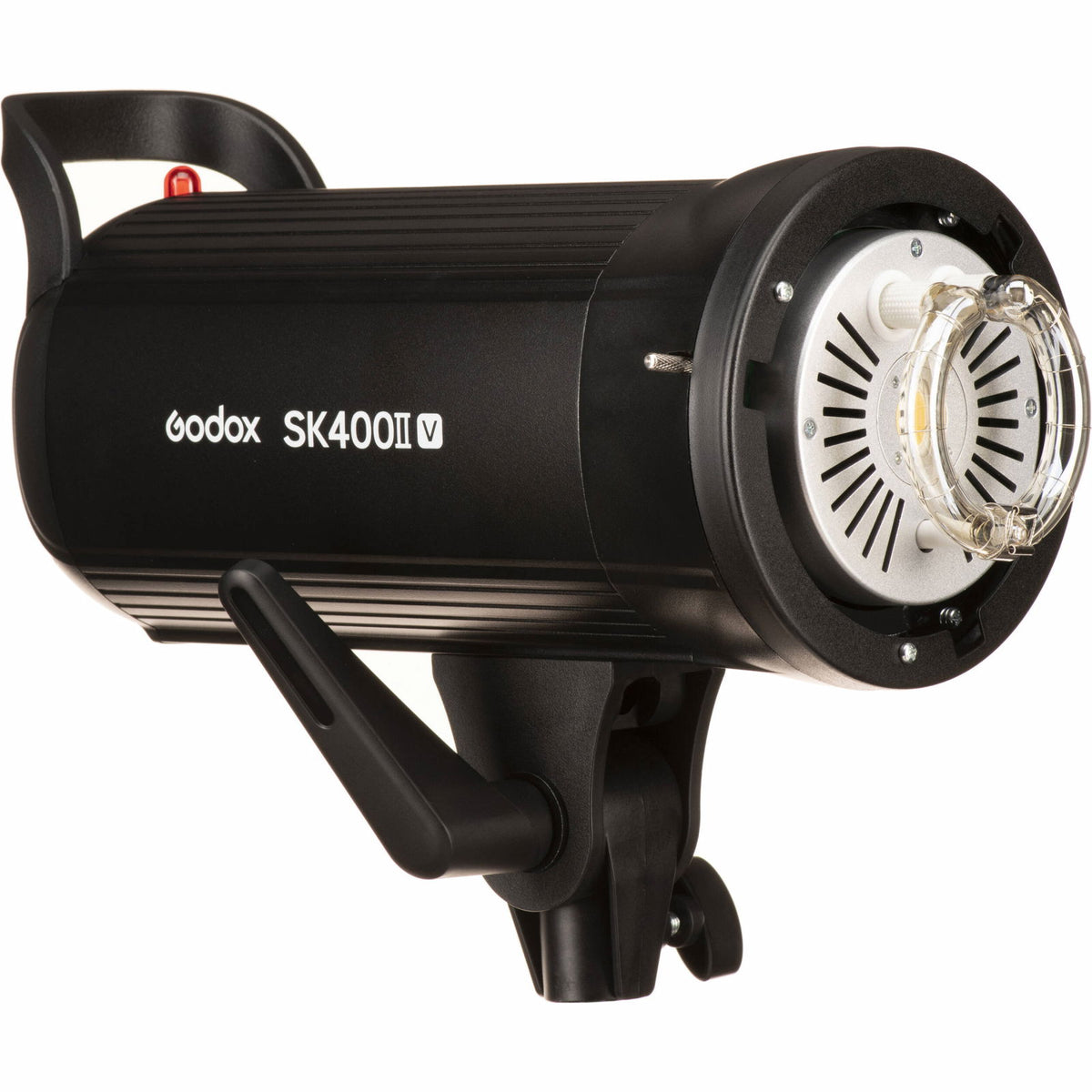 Black studio flash head with front lamp and side grip handle