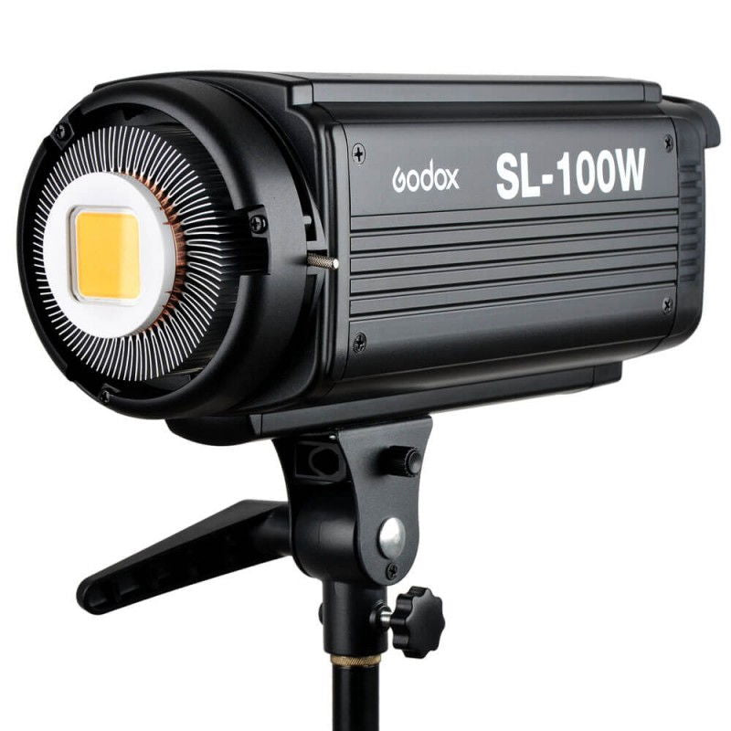 SL-100W LED studio light with front reflector and black metal housing on yoke mount