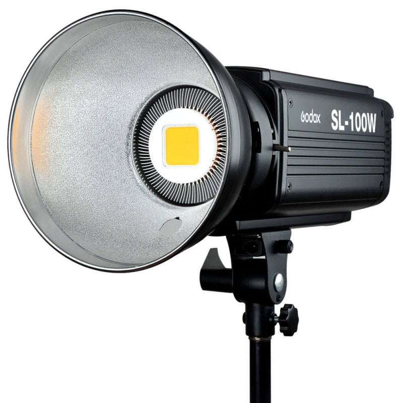 SL-100W LED studio light head with reflector and Bowens-mount style bracket