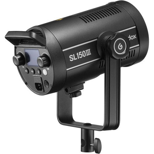 SL150III LED video light front/side view with LCD panel, knobs, and handle