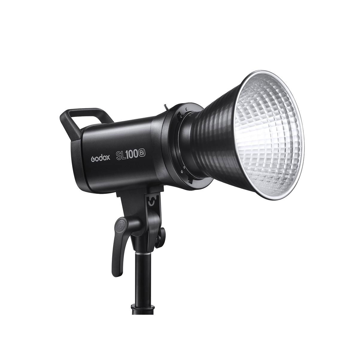 Black Godox SL100Bi LED studio light with reflector head and Bowens mount, side view