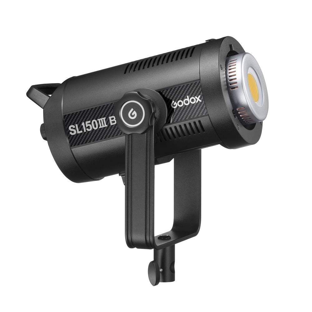 Black SL150III LED video light, front view with built-in lens and mounting handle