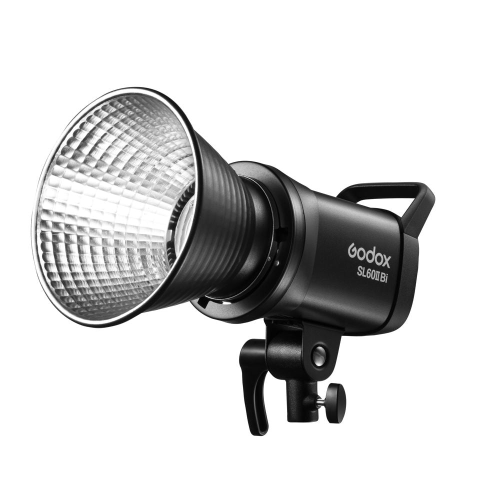 SL60IIBi LED studio light with silver reflector grid and black mounting handle