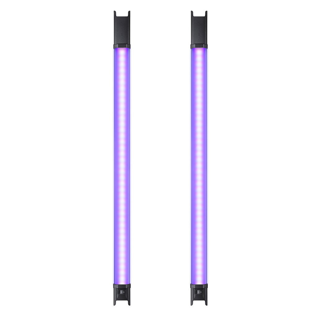 Two LED tubular lights with black ends, purple glow, on display