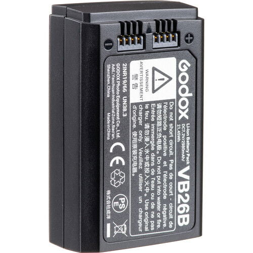 VB26B battery pack label side with charge warnings and contact terminals, black