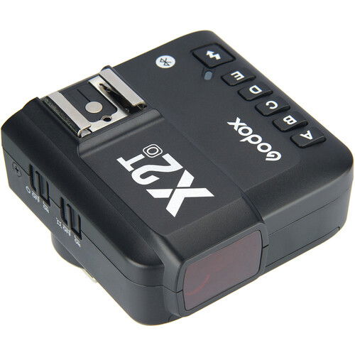 Godox X2T-O TTL wireless flash trigger seen from side with hot-shoe mount