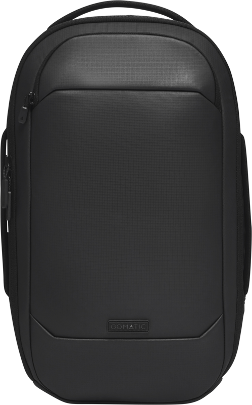 Gomatic Navigator RS Pack 15L backpack in black, front panel with curved pocket and logo patch