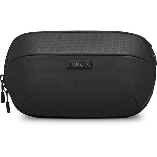 Black 1L sling bag with curved front panel, top zipper and logo patch
